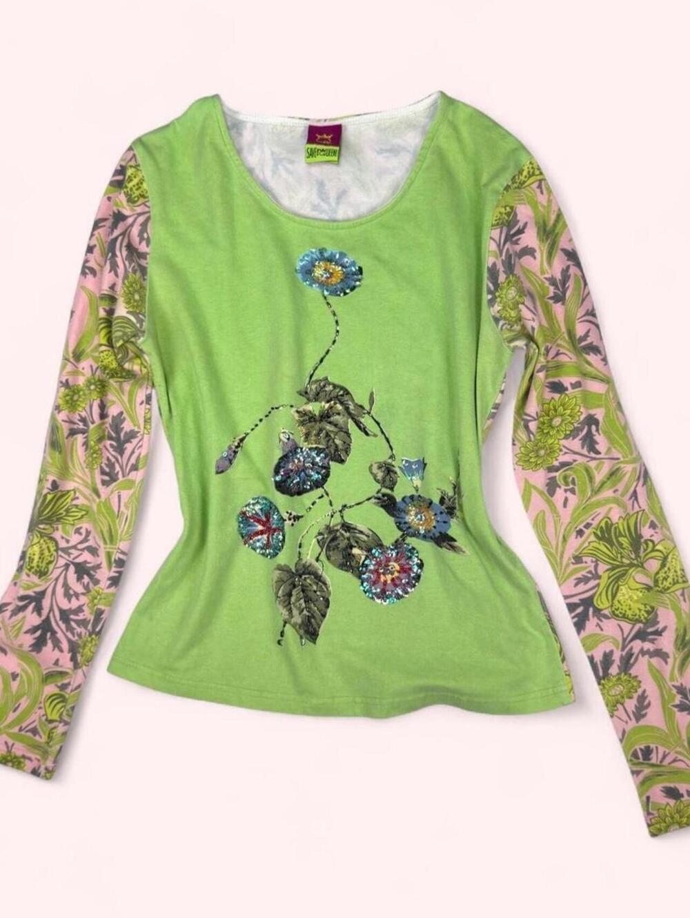 Save the Queen green long sleeve top with beaded floral & leaves on the sleeves